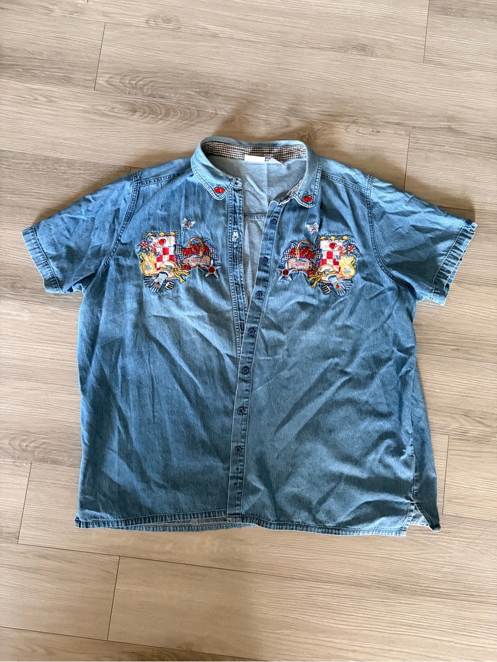 Bobbie Brooks Blue Denim Short-Sleeve Button-Down with Embroidered Crests